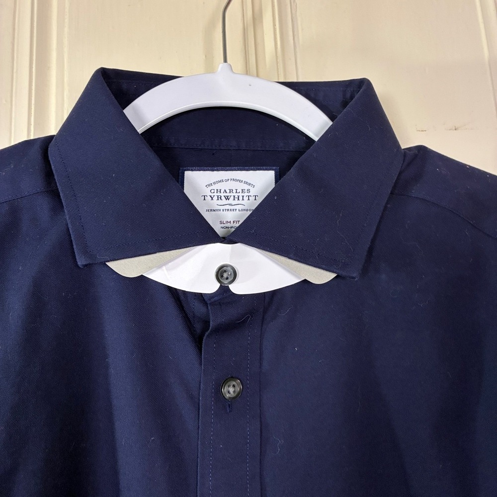 Charles Tyrwhitt Shirt Navy Cotton New Slim Fit 16.5/34 Quiet luxury - Picture 7 of 10